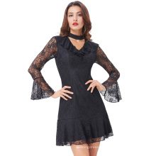 Kate Kasin Sexy Women's Long Sleeve High Neck Hollowed Front Hips-Wrapped Black Lace Dress KK000682-1